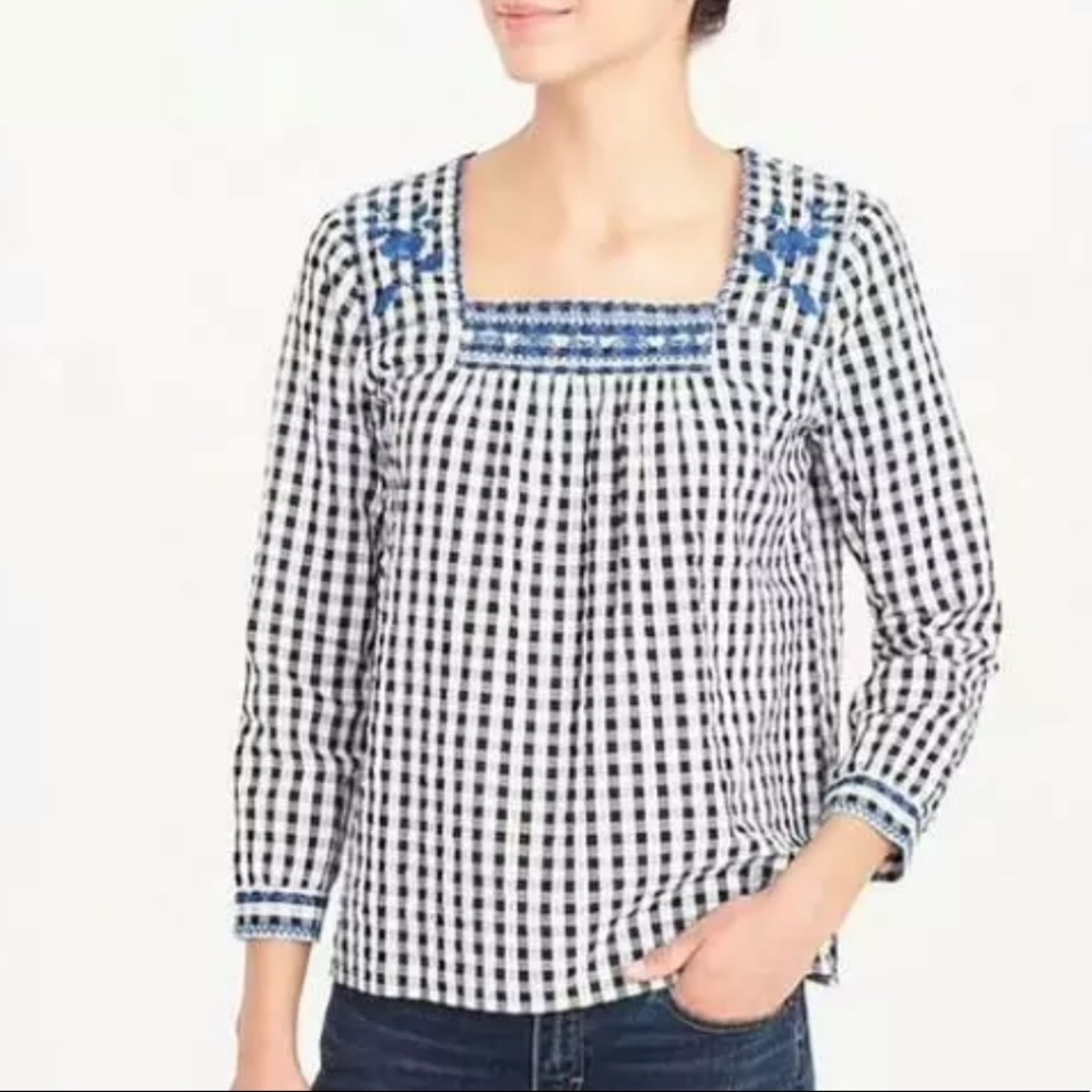J Crew Navy White Gingham Plaid Blue Floral Embroidered Peasant Top Size Small - Picture 1 of 6